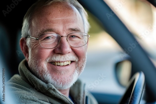 A man with glasses and a beard sitting in a car