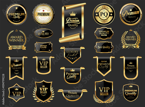 Gold and black luxury labels and badges premium quality certificate ribbons illustration 