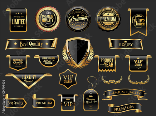 Gold and black luxury labels and badges premium quality certificate ribbons illustration 