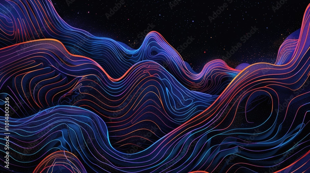 Obraz premium a black background with a few neon colors waves, geometric waves shapes, dark blue, purple, black, mostly black