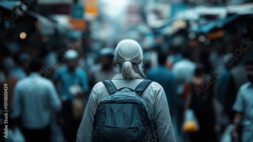 A person with silver hair and a backpack moves through a bustling market, their reflective journey captured amidst the vibrant life of the marketplace.