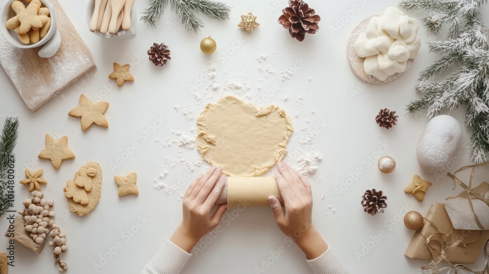 Banner from New Year's or Christmas cooking concept. Girl rolls out cookie dough on a white table. Top view preparing for the holiday. Ideal for web design and advertising Banner from New Year's or Christmas cooking concept. Girl rolls out cookie dough on a white table. Top view preparing for the holiday. Ideal for web design and advertising