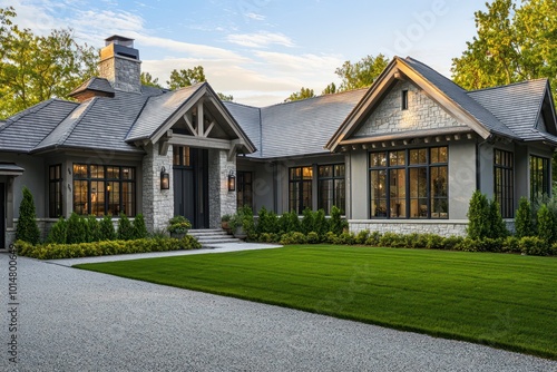 Exterior design of a home with matte gray accents, traditional architecture, including granite and cedar details, sweeping windows, chalk roof trim, a gravel driveway, and a well-maintained front lawn