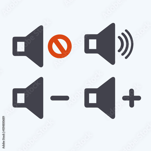 Icons representing different volume controls, including mute, increase, and decrease options. Ideal for audio applications, web design, and user interface development.