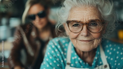 A grandmother with bright eyes and a warm smile wears glasses and a dotted dress; she's a symbol of tenderness and wisdom, offering timeless familial comfort. photo