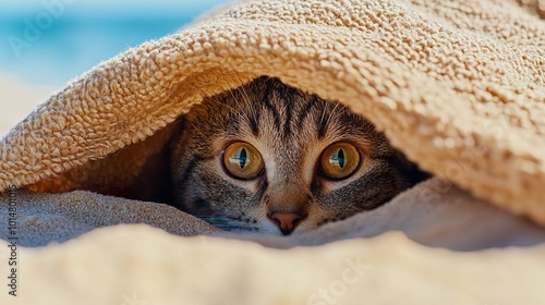 A cat peeking out from under a beach towel, with only its eyes visible, as it hides from the summer sun photo