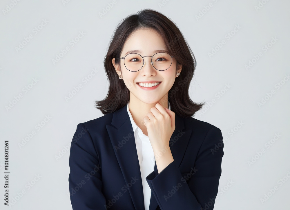 A photograph of a happy Japanese woman in a navy blue school uniform with a white shirt and glasses, in a standing pose with her hand on her chin, smiling, isolated on a light grey background, A photograph of a happy Japanese woman in a navy blue school uniform with a white shirt and glasses, in a standing pose with her hand on her chin, smiling, isolated on a light grey background,