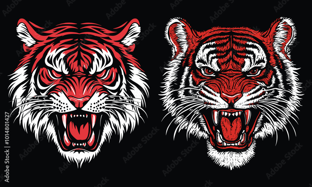 Aggressive Red and White Tiger Heads Vector Set. Fierce Animal Illustrations Aggressive Red and White Tiger Heads Vector Set. Fierce Animal Illustrations