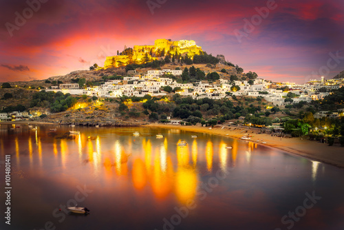 Evening view of Lindos, Acropolis in the background, Rhodes, Greece