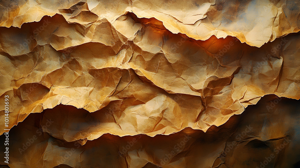 Close-up of a crumpled brown paper texture with horizontal wrinkles and creases, showcasing the natural imperfections and tactile qualities that give it character and depth. The rich, earthy tones evo Close-up of a crumpled brown paper texture with horizontal wrinkles and creases, showcasing the natural imperfections and tactile qualities that give it character and depth. The rich, earthy tones evo