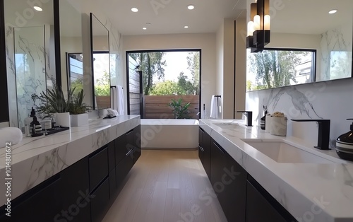 Modern bathroom with marble vanity and large window. photo