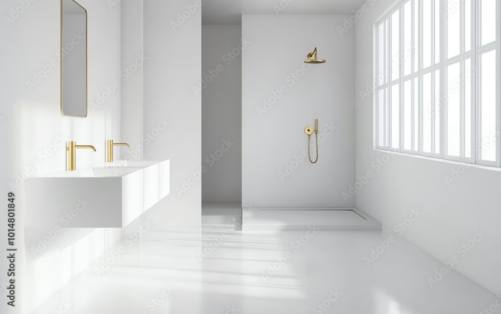 Modern minimalist white bathroom with large window. Modern minimalist white bathroom with large window.