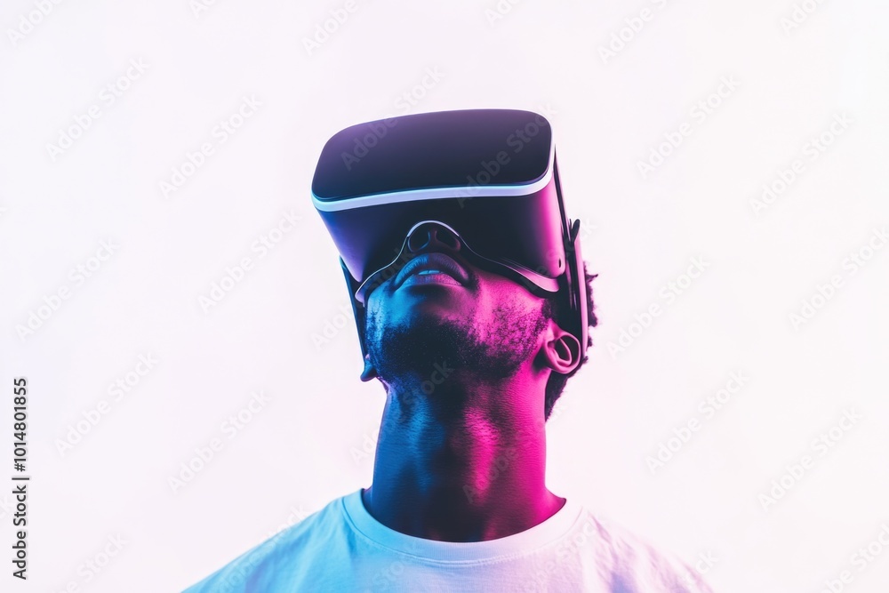 A person wearing a virtual reality headset in a simple white background, ideal for tech-related concepts or futuristic themes A person wearing a virtual reality headset in a simple white background, ideal for tech-related concepts or futuristic themes