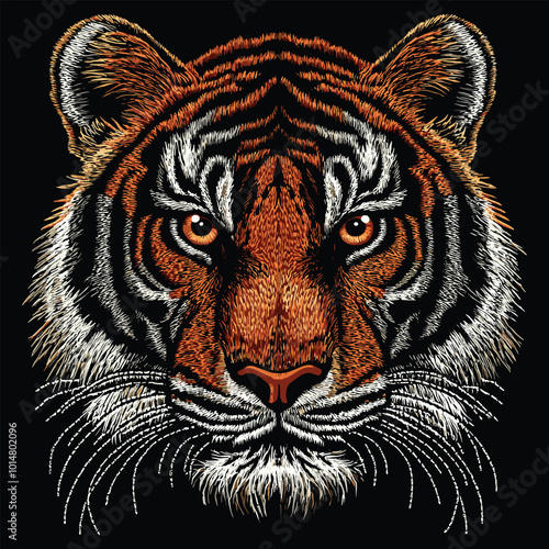 Tiger Head Embroidery Style Vector.  Detailed Animal Illustration