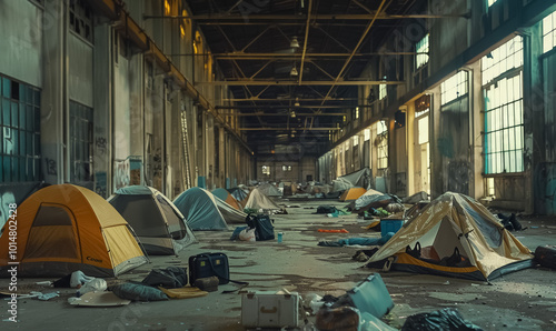 homeless tents line in bustling abandoned plant or factory, highlighting homelessness, economic hardship, and social inequality in US and world