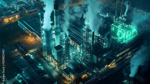 A factory with smoke stacks and a green overlay showing reduced emissions