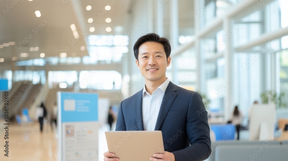 Photo of Asian businessman in business attire and holding laptop computer with confident smile against office building background. Photo of Asian businessman in business attire and holding laptop computer with confident smile against office building background.