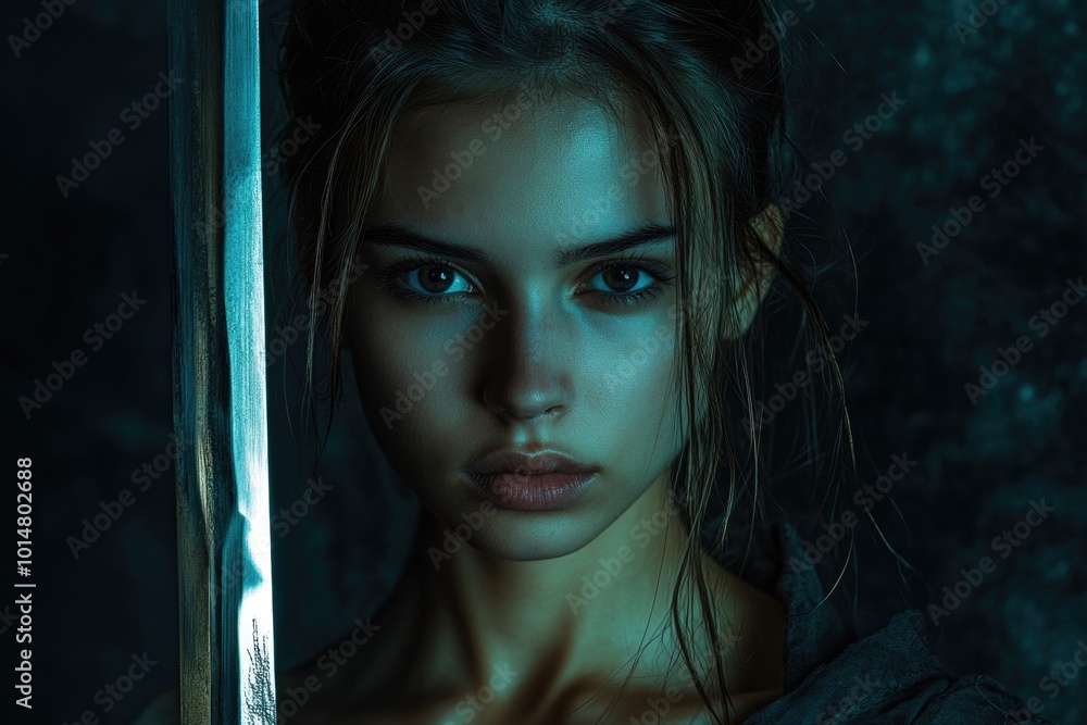 A young woman holds a sword in a dark room, perfect for use in fantasy or action scenes A young woman holds a sword in a dark room, perfect for use in fantasy or action scenes
