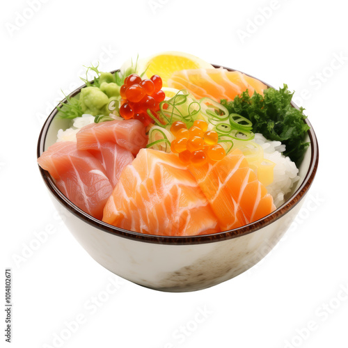 Fresh Sushi Bowl with Assorted Salmon and Garnishes, Delicious Meal