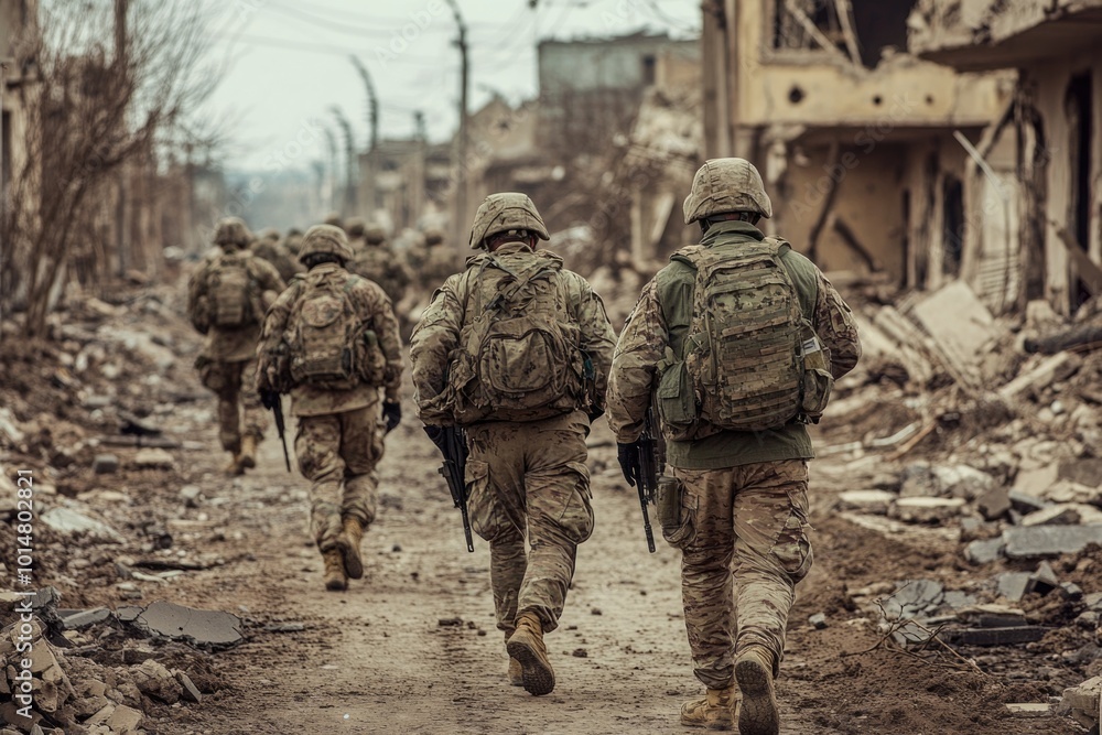 Group of soldiers walking along a rural dirt road, military uniform and equipment Group of soldiers walking along a rural dirt road, military uniform and equipment
