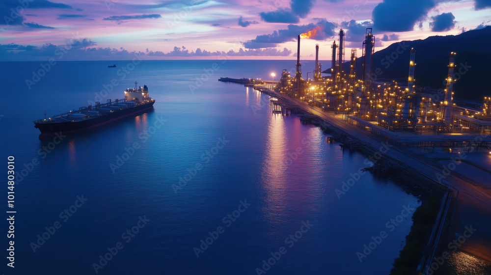Aerial View of Illuminated Oil Refineries and Tanker Ships at Dusk in a Coastal Industrial Setting Aerial View of Illuminated Oil Refineries and Tanker Ships at Dusk in a Coastal Industrial Setting