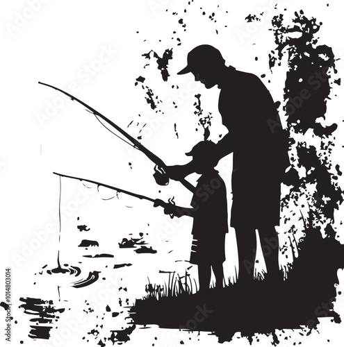 Father and Child Fishing Stencil Silhouette Vector
