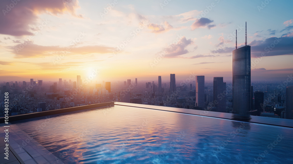 Fototapeta premium Infinity Pool on Rooftop Overlooking Urban Skyline at Sunset Offering Luxurious Cityscape View and Modern Architecture Vibes