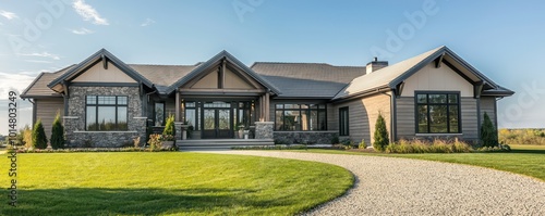 Exterior design of a home with gunmetal accents, traditional architecture, including slate and cedar details, broad windows, sand-colored roof trim, a gravel driveway, and a well-kept grassy front