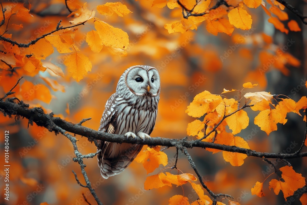 Autumn in nature with owl. Ural Owl, Strix uralensis, sitting on tree branch with orange leaves in oak forest, Norway. Wildlife scene from nature - generative ai Autumn in nature with owl. Ural Owl, Strix uralensis, sitting on tree branch with orange leaves in oak forest, Norway. Wildlife scene from nature - generative ai