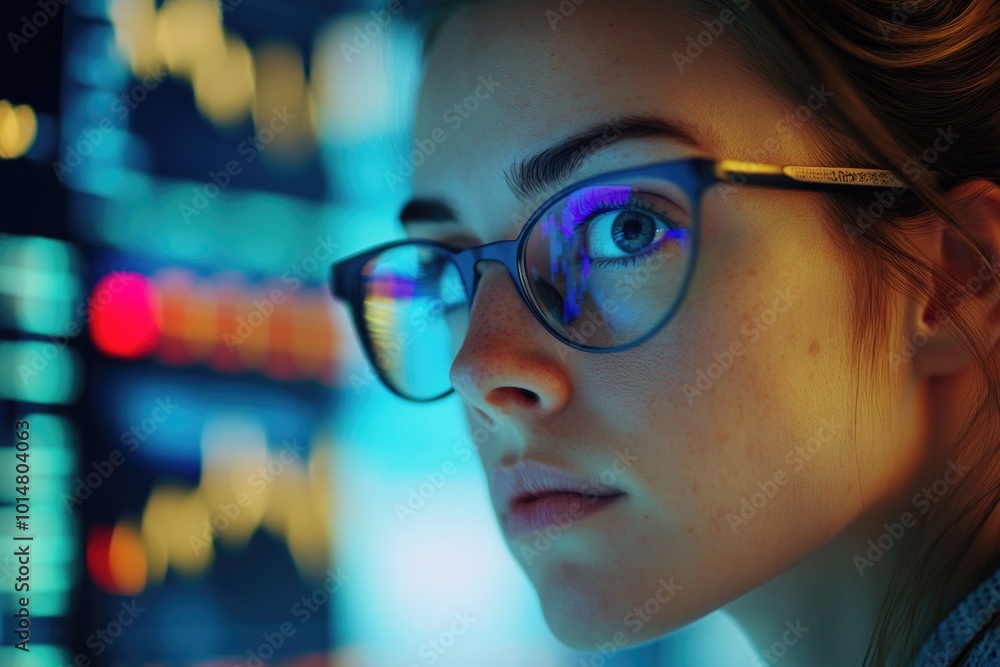 A woman with glasses looking directly into the camera lens A woman with glasses looking directly into the camera lens