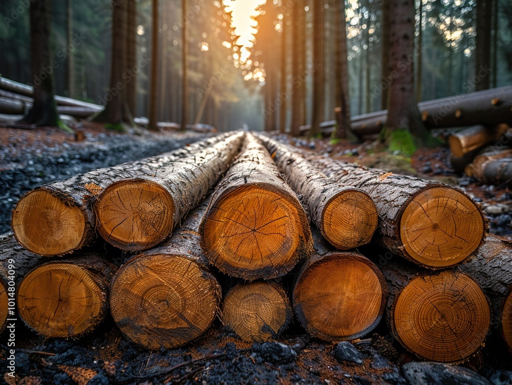 Stacked Logs in a Sunlit Forest Stacked Logs in a Sunlit Forest