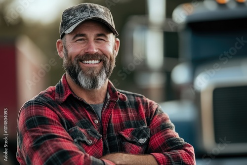 A person wearing a plaid shirt and beard, suitable for outdoor or rustic themed uses