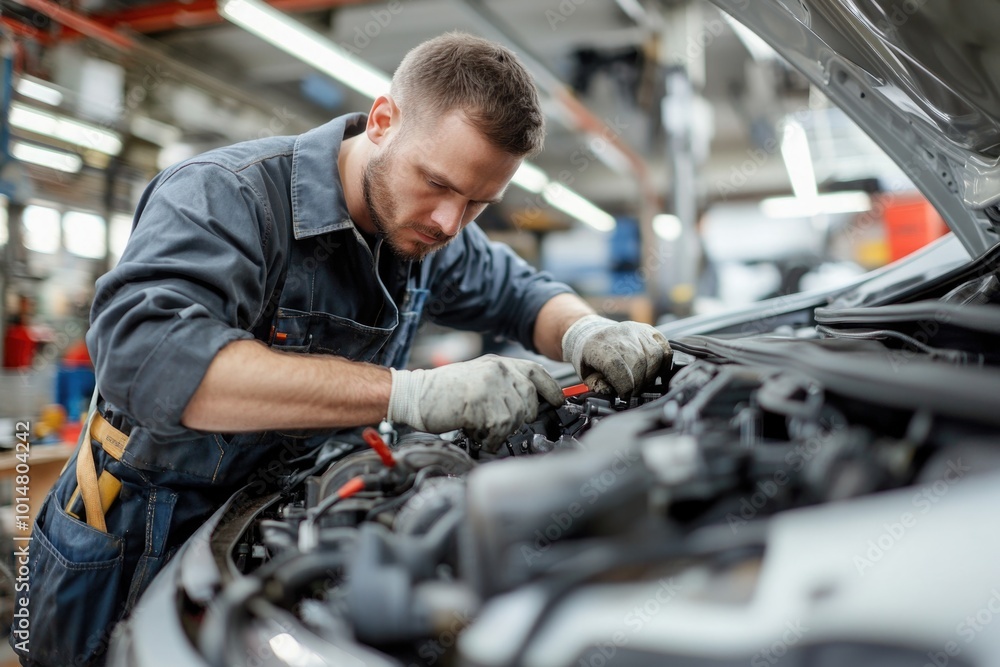 A person tinkers with a vehicle's motor in a garage setting A person tinkers with a vehicle's motor in a garage setting