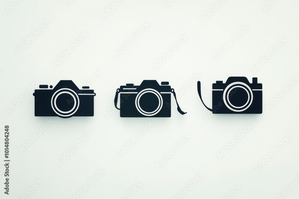 Three minimalist black camera icons on a white background Three minimalist black camera icons on a white background