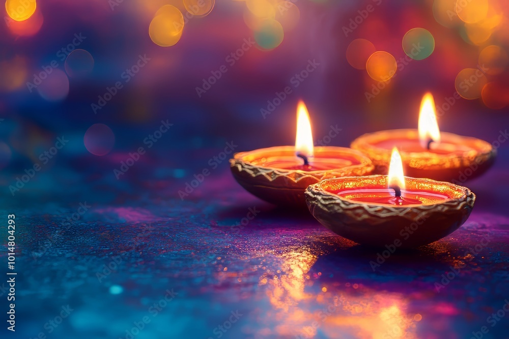 Diwali diyas glowing on a vibrant background with ample room for content. Diwali diyas glowing on a vibrant background with ample room for content.