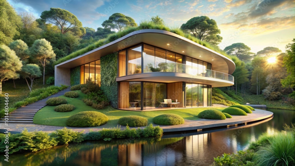 Futuristic sustainable home seamlessly blending into natural surroundings, sustainable, futuristic, home, integrated Futuristic sustainable home seamlessly blending into natural surroundings, sustainable, futuristic, home, integrated