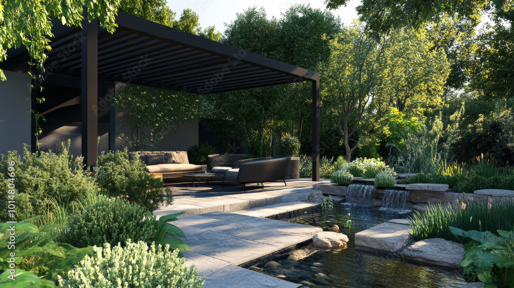 Tranquil Outdoor Oasis: A Modern Garden Retreat with Elegant Seating and Serene Water Features Tranquil Outdoor Oasis: A Modern Garden Retreat with Elegant Seating and Serene Water Features