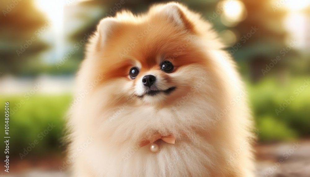 A fluffy Pomeranian dog with a bow, captured in a soft, natural setting. A fluffy Pomeranian dog with a bow, captured in a soft, natural setting.
