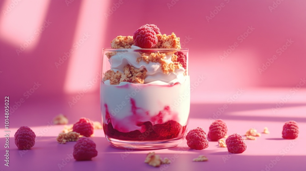 A bowl of yogurt topped with fresh raspberries and crunchy granola A bowl of yogurt topped with fresh raspberries and crunchy granola