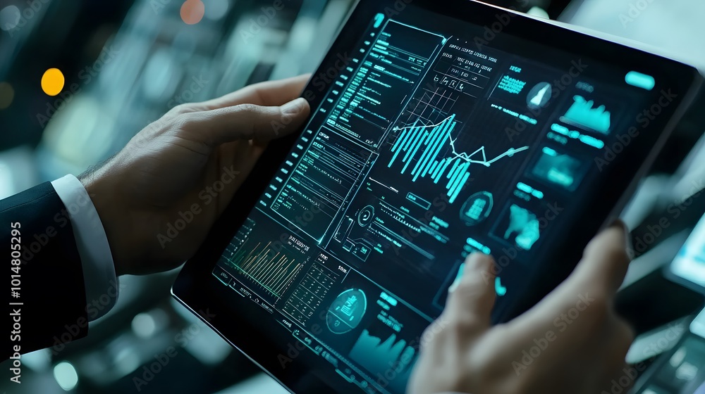 Business man or analyst expanding futuristic investment virtual screen over a modern tablet. Showing if charts and infographic for investment analysis. Business man or analyst expanding futuristic investment virtual screen over a modern tablet. Showing if charts and infographic for investment analysis.
