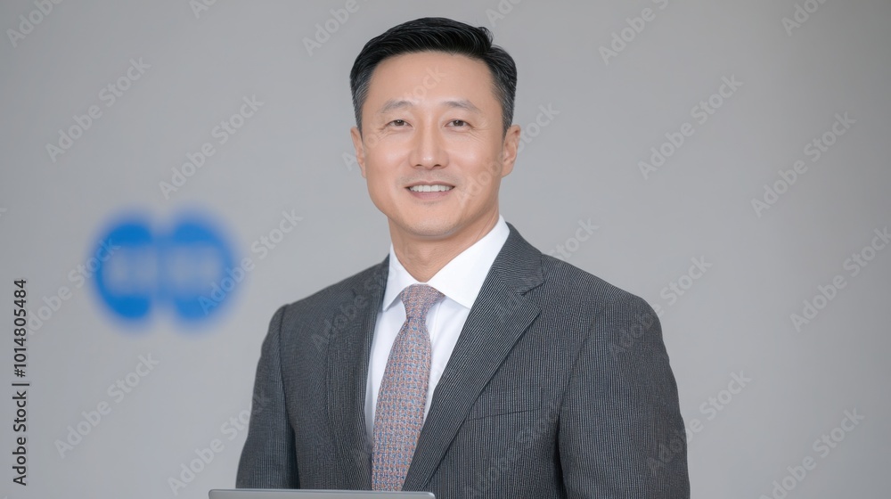 Photo of Asian businessman in business attire and holding laptop computer with confident smile against office building background. Photo of Asian businessman in business attire and holding laptop computer with confident smile against office building background.