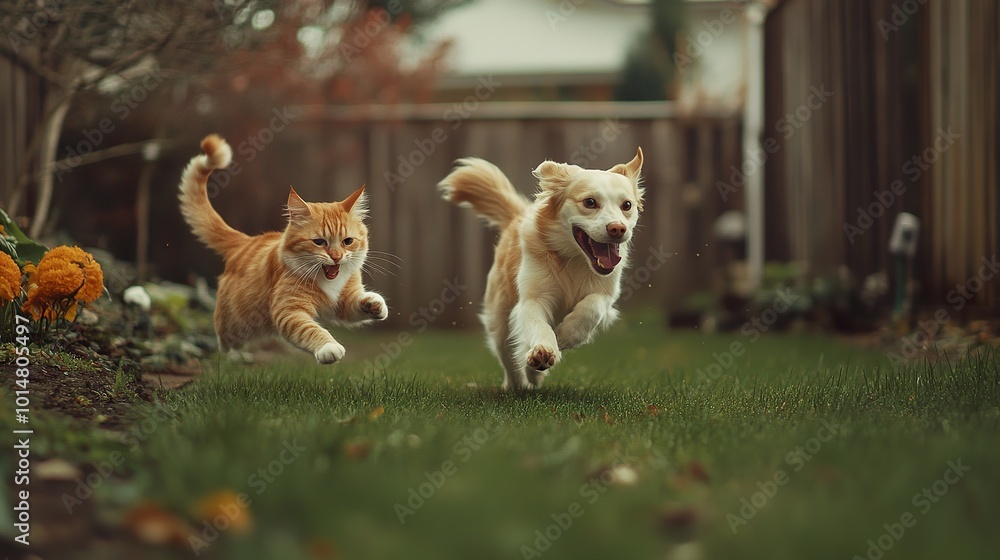 A dog and cat chasing each other playfully around a backyard, with happy, energetic movements A dog and cat chasing each other playfully around a backyard, with happy, energetic movements