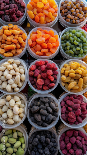 Colorful Dried Fruits in a Bustling Market Stall, Capturing the Rich Textures and Vibrant Colors of Nature's Delectable Treats photo