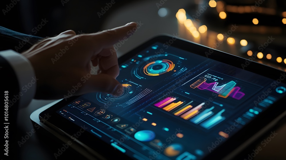 Business man or analyst expanding futuristic investment virtual screen over a modern tablet. Showing if charts and infographic for investment analysis. Business man or analyst expanding futuristic investment virtual screen over a modern tablet. Showing if charts and infographic for investment analysis.