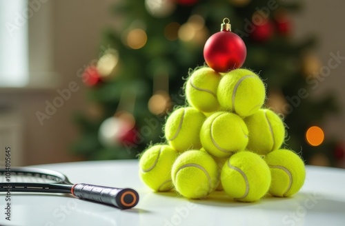 Christmas tree made of tennis balls, Happy New Year greeting card, sports lifestyle