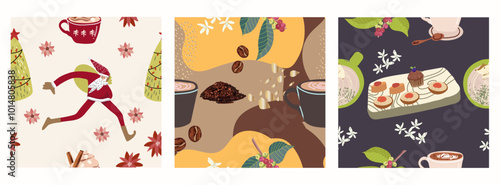 Set of seamless patterns, backgrounds with coffee symbols, accessories, people characters, for restaurant, packaging, menu and interior design, wrapping, menu. Hand drawn vector illustration.