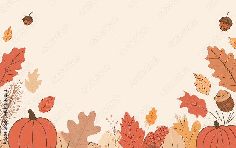 Fototapeta premium Thanksgiving background with pumpkins and acorns on a light beige background. autumn background with leaves, acorns, and pumpkins for a happy Thanksgiving Day poster design template.