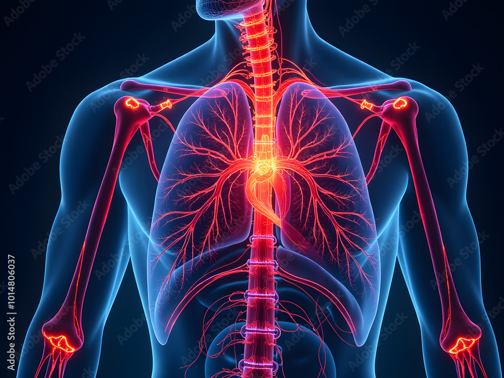 Vibrant Illustration of Human Anatomy: Translucent Male Figure Showcasing Luminescent Thoracic Region with Neon-Style Internal Structures and Detailed Visualization of Backbone, Lungs, and Heart Vibrant Illustration of Human Anatomy: Translucent Male Figure Showcasing Luminescent Thoracic Region with Neon-Style Internal Structures and Detailed Visualization of Backbone, Lungs, and Heart