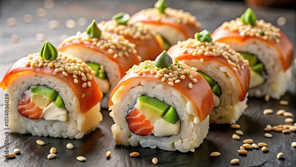 Philadelphia rolls with fresh salmon, avocado, and cream cheese topped with sesame seeds and spicy mayo Philadelphia rolls with fresh salmon, avocado, and cream cheese topped with sesame seeds and spicy mayo