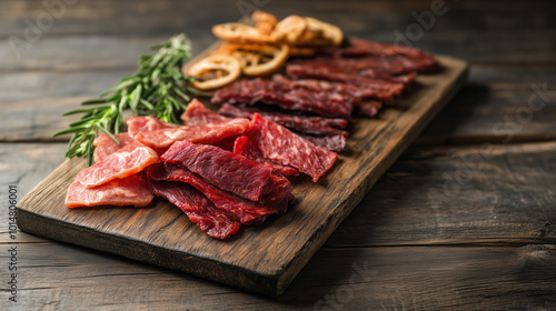 Close-Up of a Delicious Gourmet Jerky Assortment Served on a Rustic Wooden Board for the Ultimate Snack Experience photo